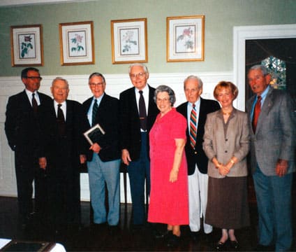 Past Presidents of the Friends of Hopelands and Rye Patch, Inc., at the 30th Anniversary Celebration of the Friends’ founding, March 2001. From left, Jack Wetzel, James McNair, Sam Cothran, Ashley Little, Lorraine McNair, H. Williams Thurlow, Beth Newburn, and Alan Tewkesbury.